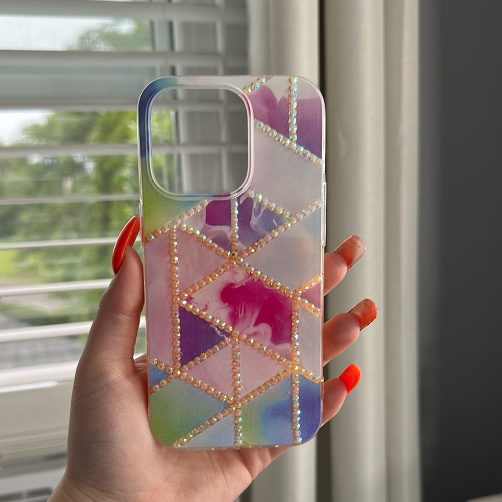 IPhone 14 Pro Colorful Geometric Phone Case HAND BEDAZZLED